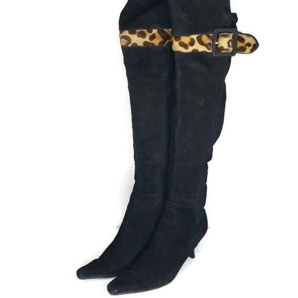 Stuart Weitzman Shoes - Stuart weitzman Over The Knee Black Suede Leopard Pointed Toe Heel Sz 6.5 Boots